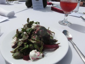 Arugula salad with beets, goat cheese, and avocados