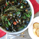White Wine Steamed Mussels with Zucchini, Arugula and Basil