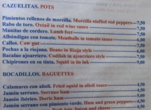 Spanish restaurant menu in El Rioja wine region