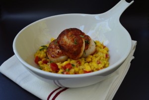 Thyme Seared Scallops with Coconut Creamed Corn with Red Bell Peppers