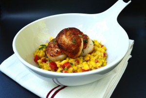 Pan seared scallops with coconut creamed corn