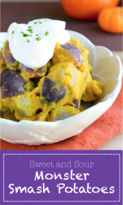 Fill up little tummies with this spook-tacular side dish. Cinnamon-infused pumpkin paired with savory chive and sour cream flavored purple Peruvian potatoes offers a striking presentation to serve on Halloween.