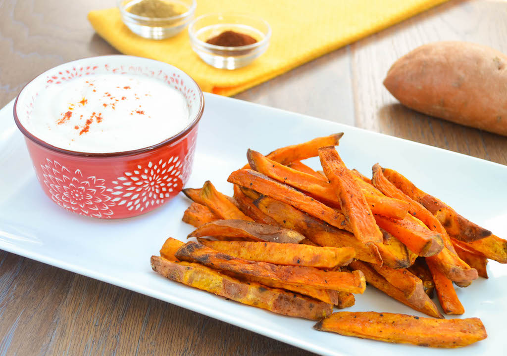 Baked Sweet Potato Fries with Garlicky Greek Yogurt Dip | Michelle Dudash,  RD