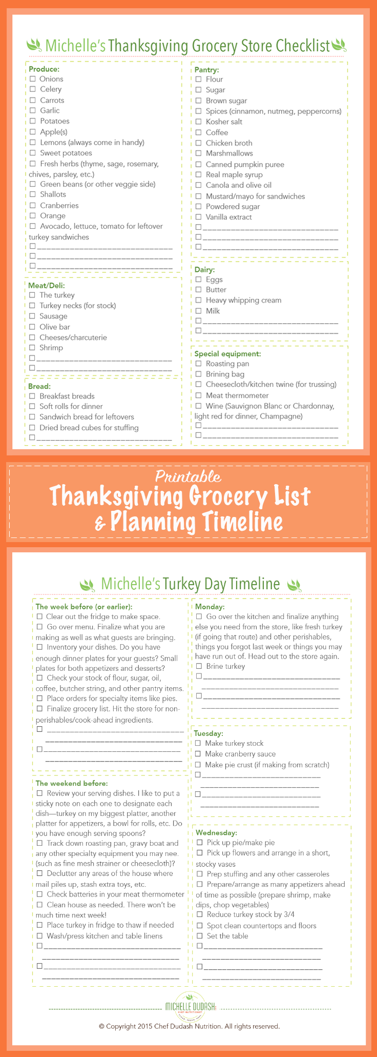 Hosting Thanksgiving dinner got you stressed? Just click and print off these Thanksgiving grocery list and planning timeline. This tried-and-true Thanksgiving Day Playbook was designed by a chef/dietitian and mom Michelle Dudash, RD--you know it's gonna be good.