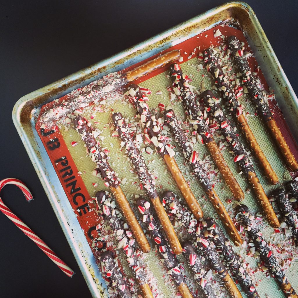 Michelle Dudash Peppermint-Studded Dark Chocolate Covered Pretzels